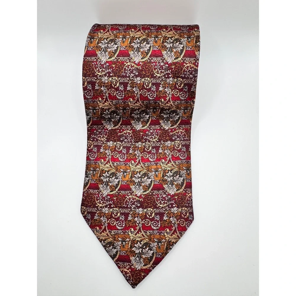 Daniel de Fasson Men's Necktie Floral Silk Burgundy Gold Woven Pattern